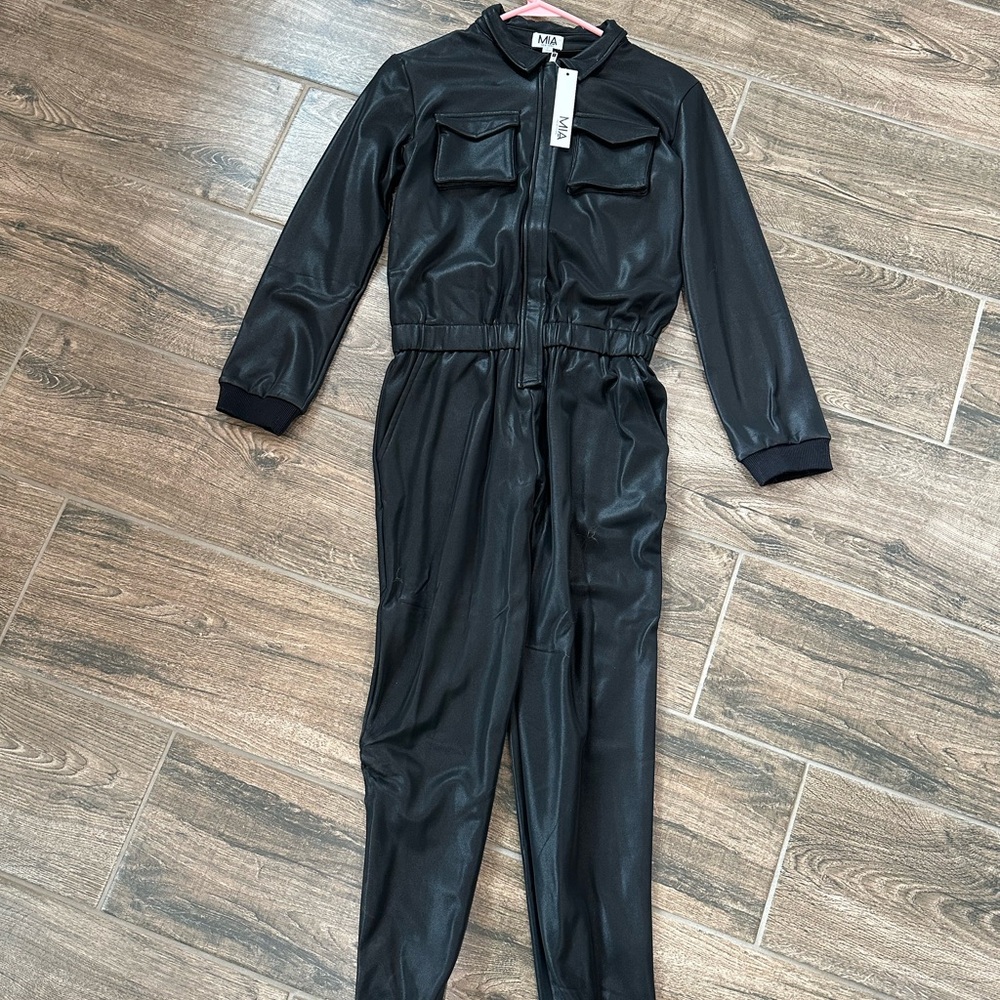 Girls MIA New York black pleather jumpsuit NWT